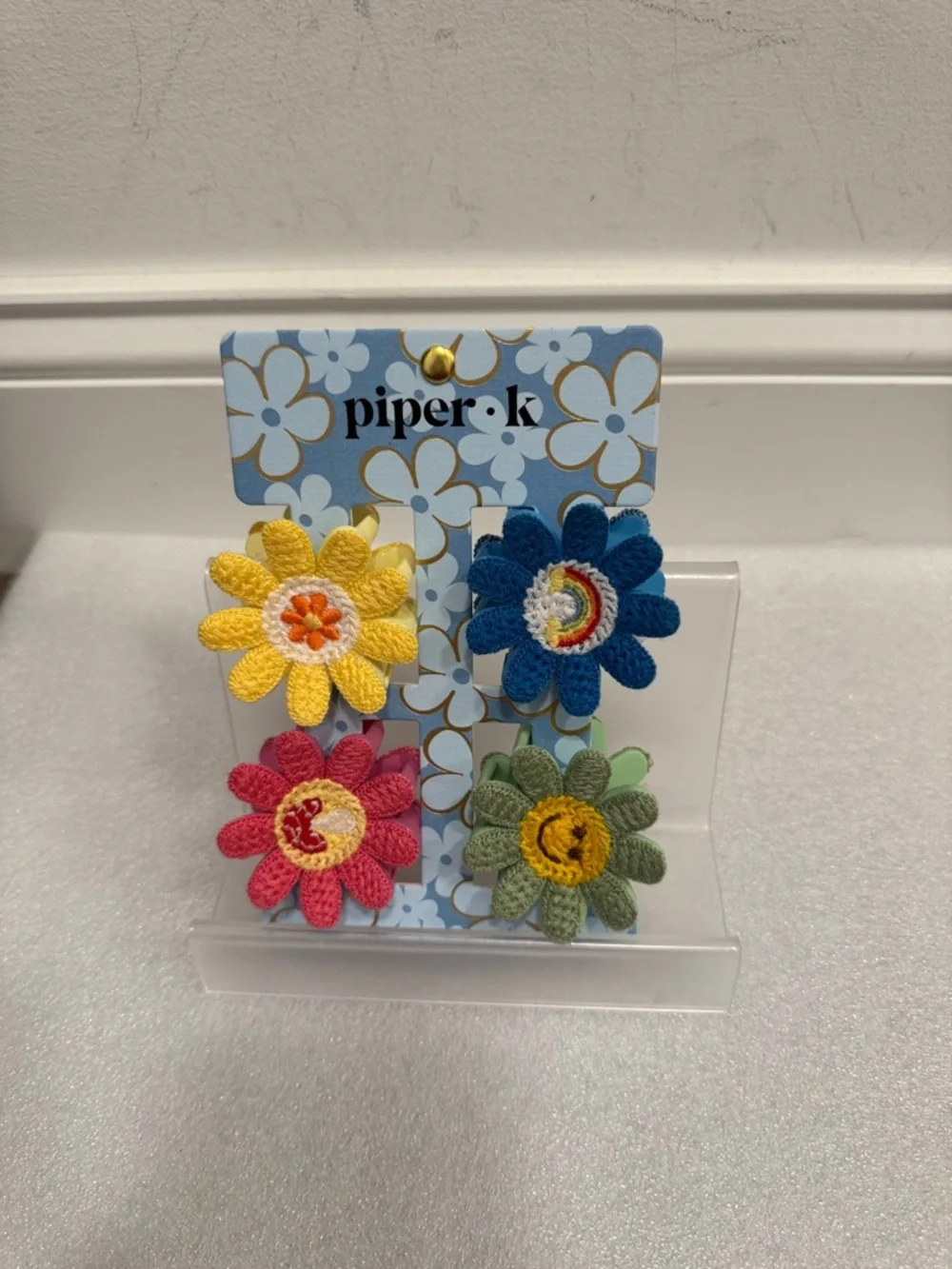 Piper K floral crochet hair clips set of 4 smiley face rainbow NWT
